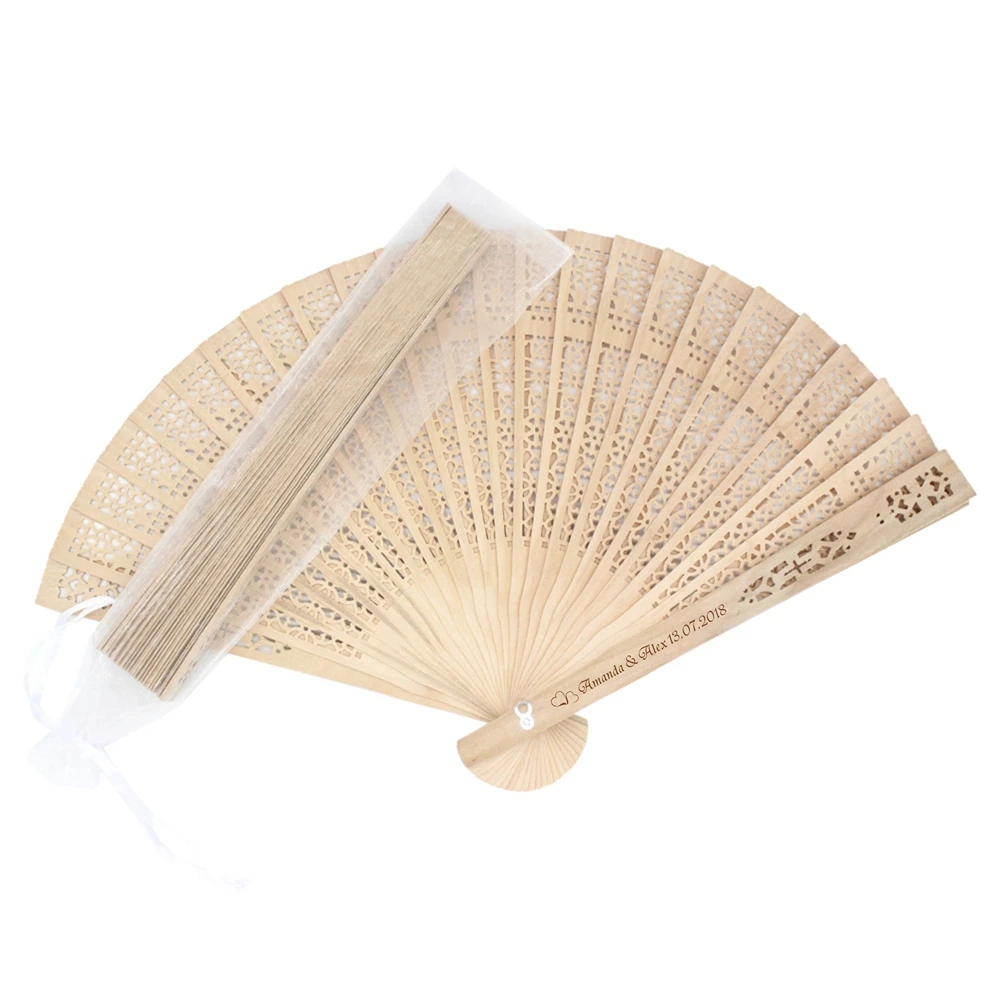 

50 Sets Personalized Engraved Wood Folding Hand Fan With Organze Bag Wooden Fold Fans Party Decoration Wedding Gift Favors