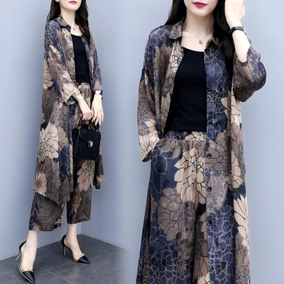 Весенний костюм Новинка 2019 года модный шифоновый комплект с принтом размера плюс