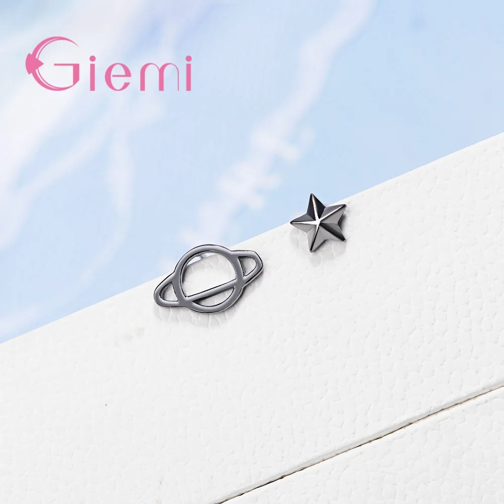 Universe Planet Saturn Black Trend Personality Creative 925 Silver Small Earrings Female Stars Asymmetric Stud Girl | Украшения и