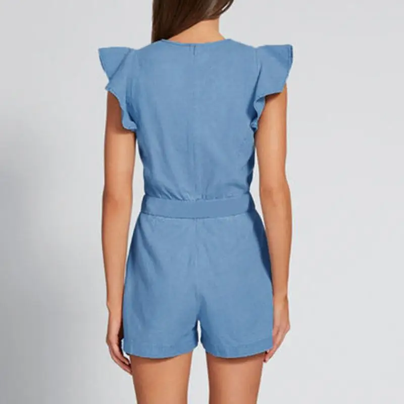 Femajor женские синие джинсы летний Боди без рукавов с рюшами Высокие комбинезоны