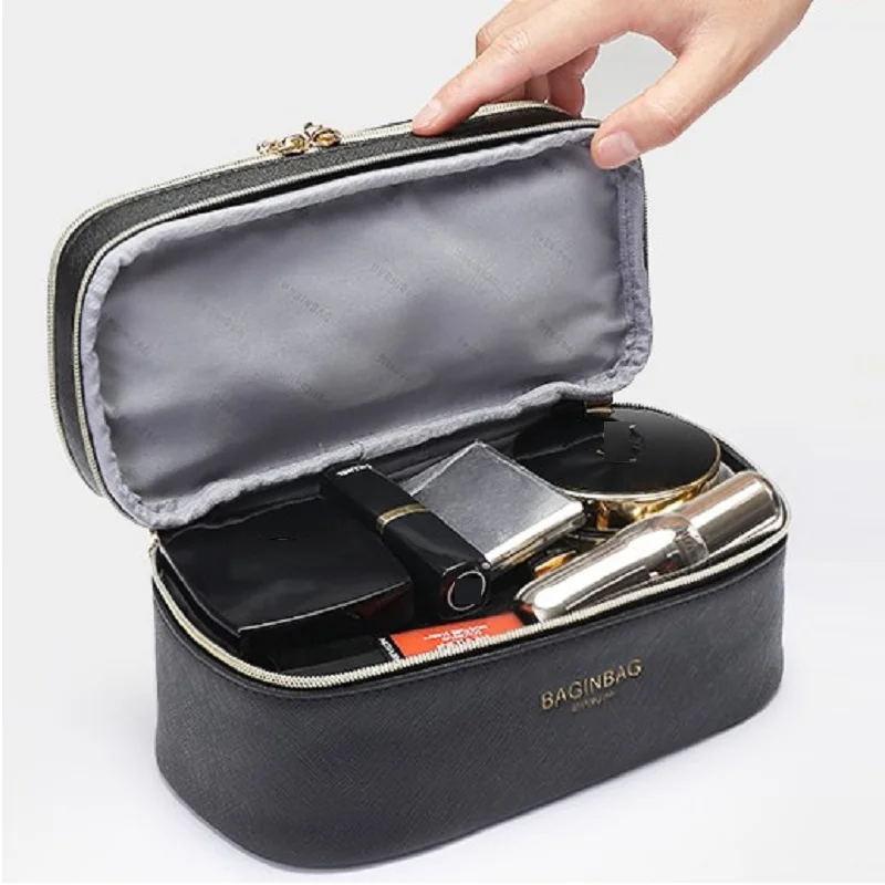 Модная черная косметичка, двойной слой, косметичка, Trousse Cosmetiquera mujer, не включая косметику, размер: 21*12*10 см