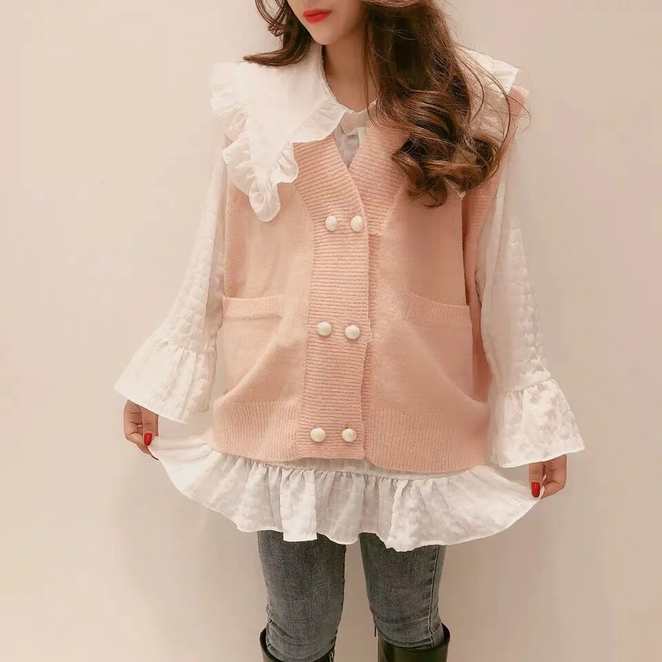 Korean Spring Autumn Long Sleeve White Shirts Women Flare Sleeve Kawaii Big Peter pan Collar Ruffle Blouse Knitted Vest Sets