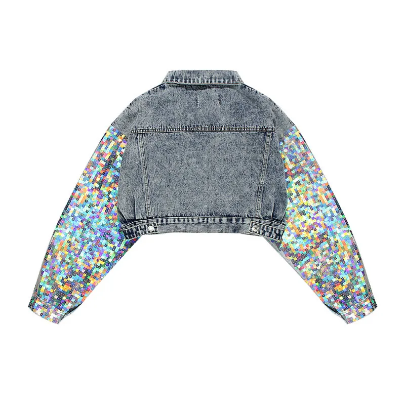 Джинсовая куртка с блестками на рукавах женская уличная облегающая в Корейском
