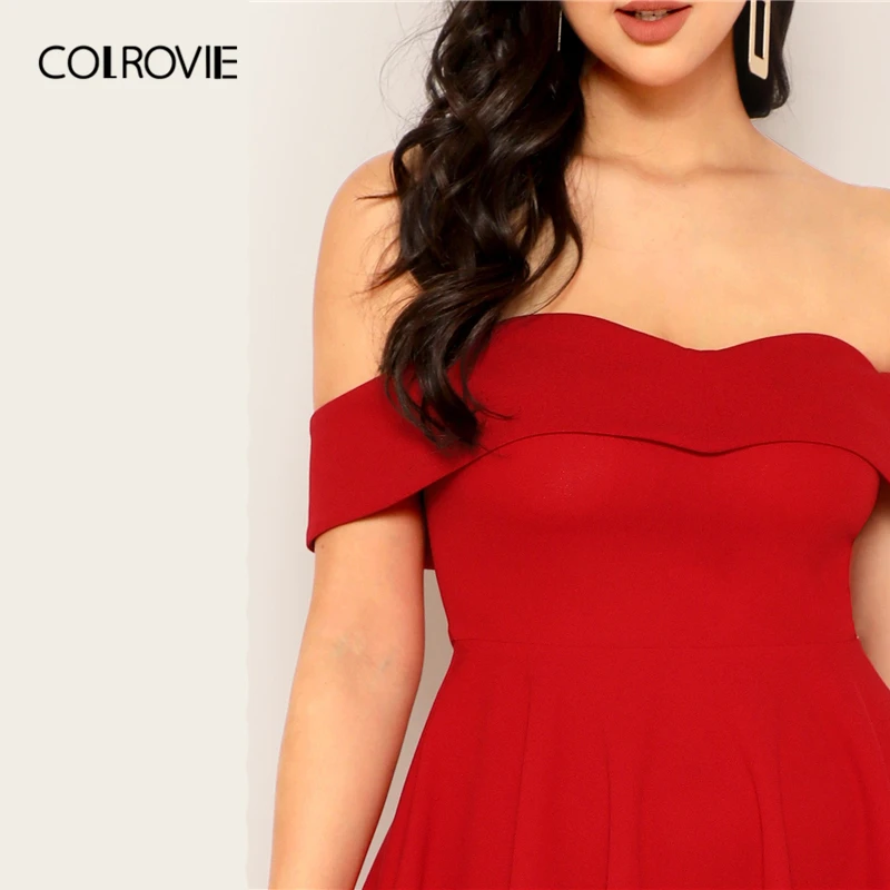 COLROVIE, красное однотонное платье с открытыми плечами, Складчатое, Bardot, расклешенное, вечерние, для выпускного вечера, женское,, летнее, ТРАПЕЦИЕВИДНОЕ, расклешенное, сексуальное, короткое платье
