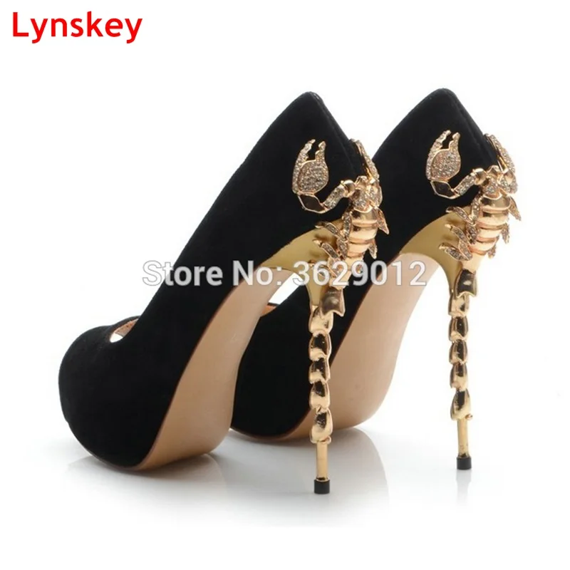 Lynskey Newest Black Suede Leather Peep Toe High Heels Scorpion Heel Pumps Golden Metal Lady Platform Wedding Party Shoes | Обувь