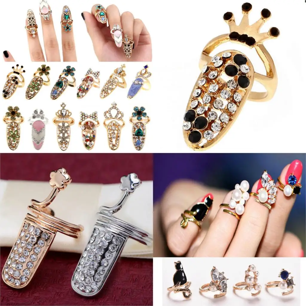 Women Ring Fashion Rhinestone Bowknot Crown Crystal Open Nail Finger Rings Female Personality Fake Nail Art Rings Beauty Jewelry