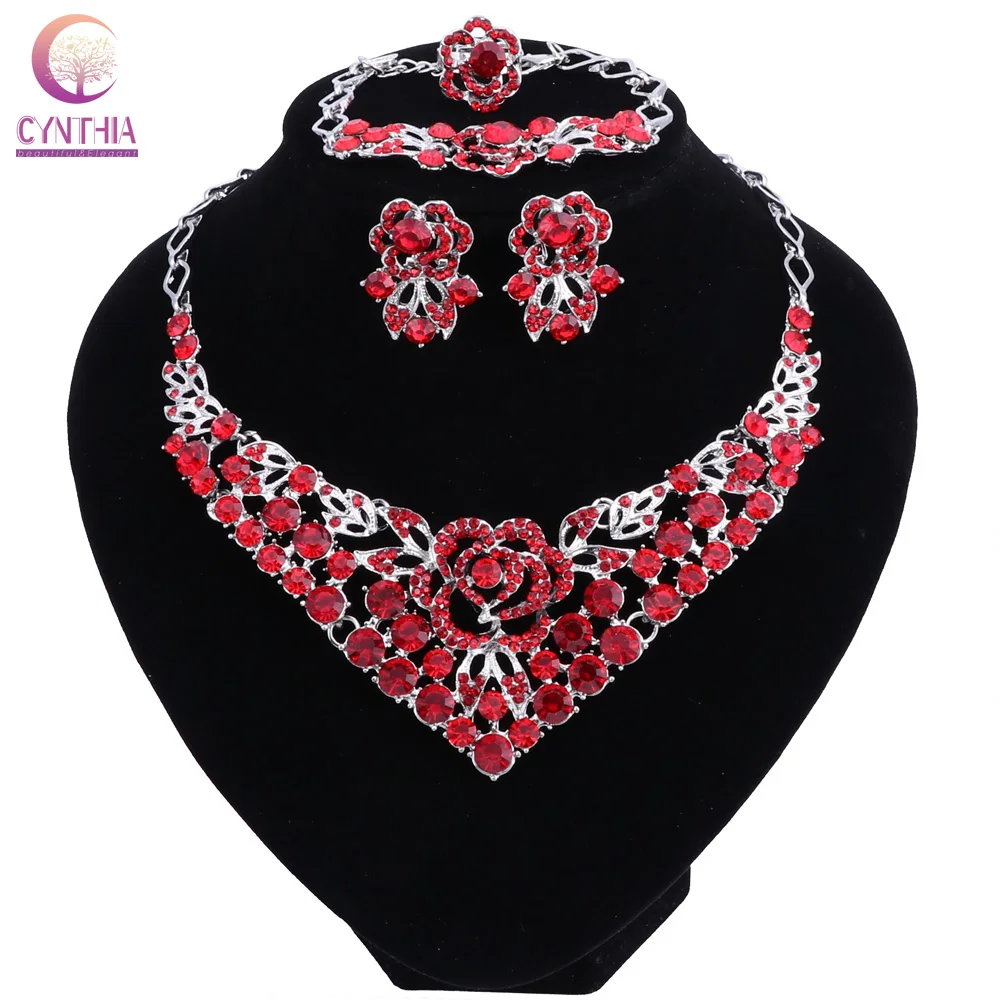 

Beautiful Flower Jewellery Bridal Jewelry Set Rhinestone Party Wedding Prom Costume Accessories Necklace Earring Set Women