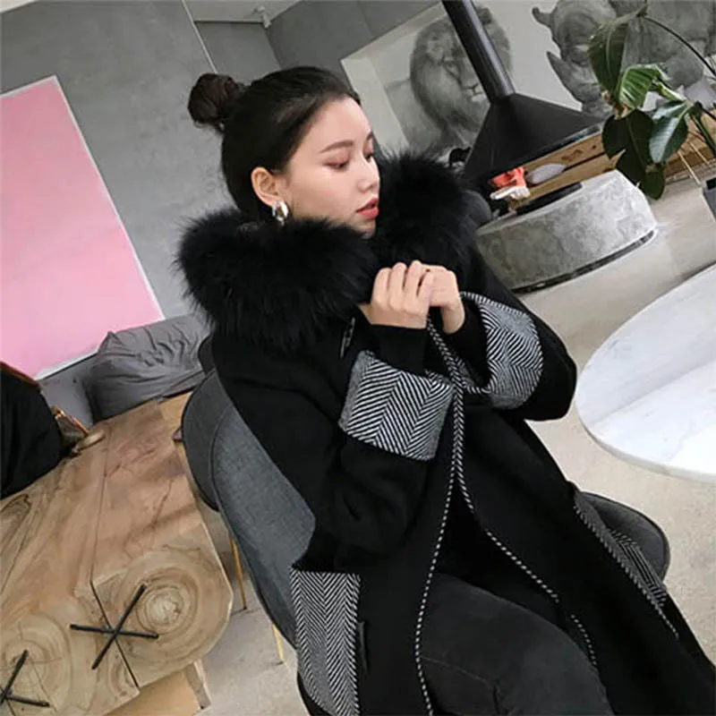 4xl 5xl размера плюс новое поступление корейский стиль женское лоскутное черное шерстяное пальто меховой воротник женские пальто зима