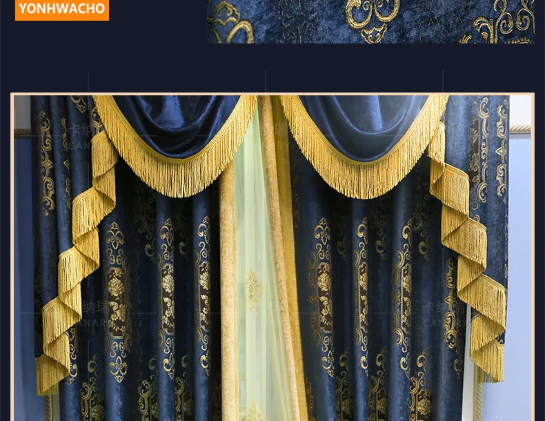 Занавески высокого качества на заказ, плотные жаккардовые шенилловые Роскошные занавески для спальни, американская синяя ткань, Затемненные занавески, тюлевые занавески B301