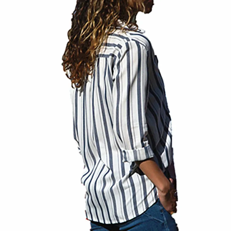 2018 новые осенние Для женщин мешковатые синий черный полосатый v образным вырезом