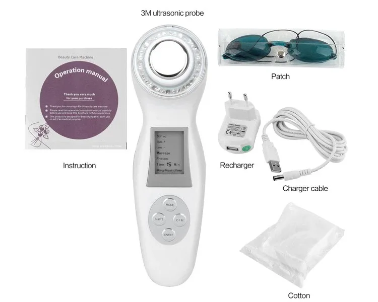Ультразвуковой светодиодный Фотон терапия массажер для лица против старения