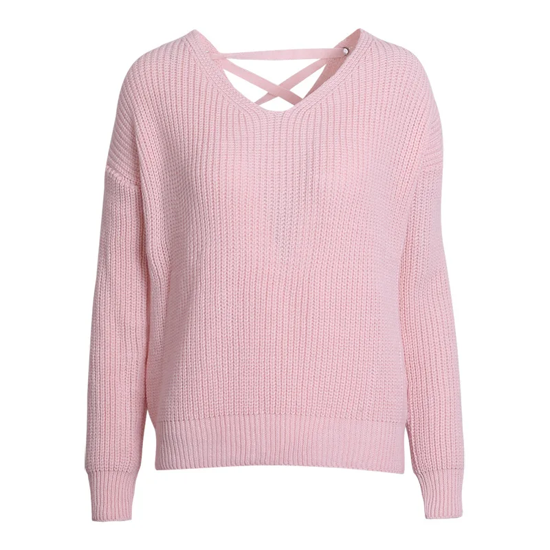 SharVell Women V-Neck Spring Sweater Fashion Backless Criss-Cross Lace Up Streetwear Pullovers Loose Solid Pink Sweaters | Женская