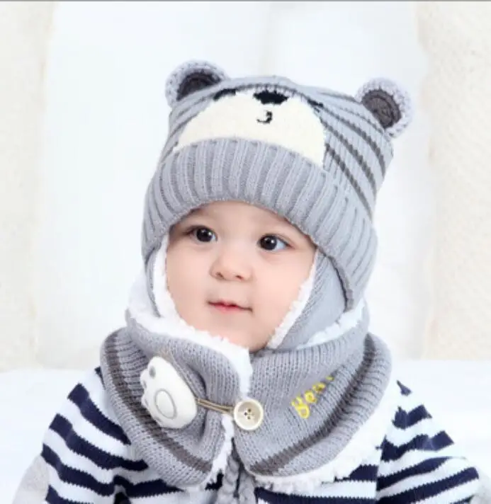 Winter Kids baby boy girls warm cartoon bear Knitted hats with hair ball earbud+neck scarf 2 pcs set for 0-2 years toddler | Детская