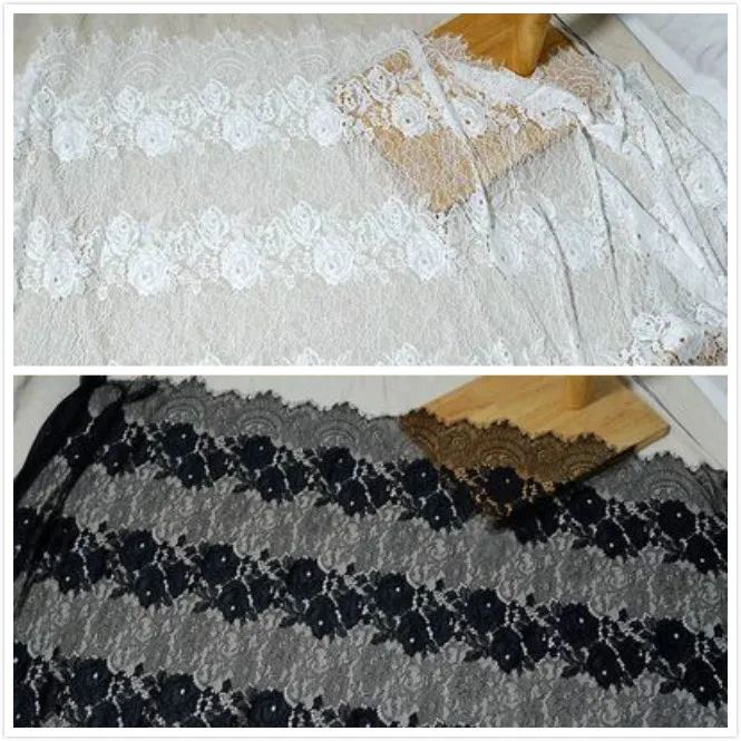 

French Eyelash Lace Fabric 150cm White Black Diy Exquisite Lace Embroidery Clothes Wedding Dress Accessories 3M/Pcs