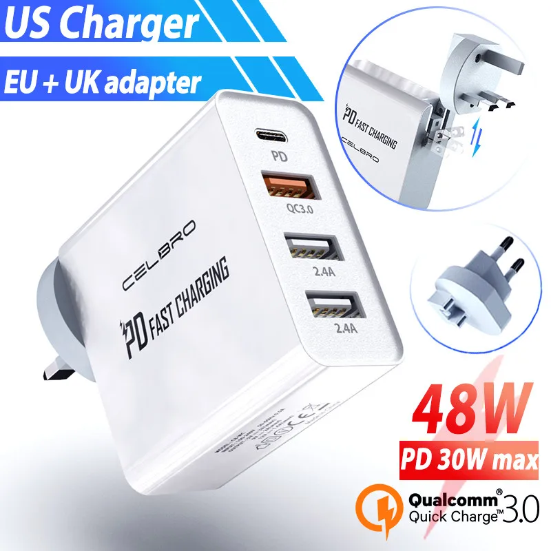 eu us uk plug charge Быстрое зарядное устройство 48 Вт Тип C UK PD USB зарядное устройство 4 порта для samsung iPhone EU Plug QC 3,0 настенное зарядное устройство адаптер зарядная станция - Тип штекера: eu us uk plug charge