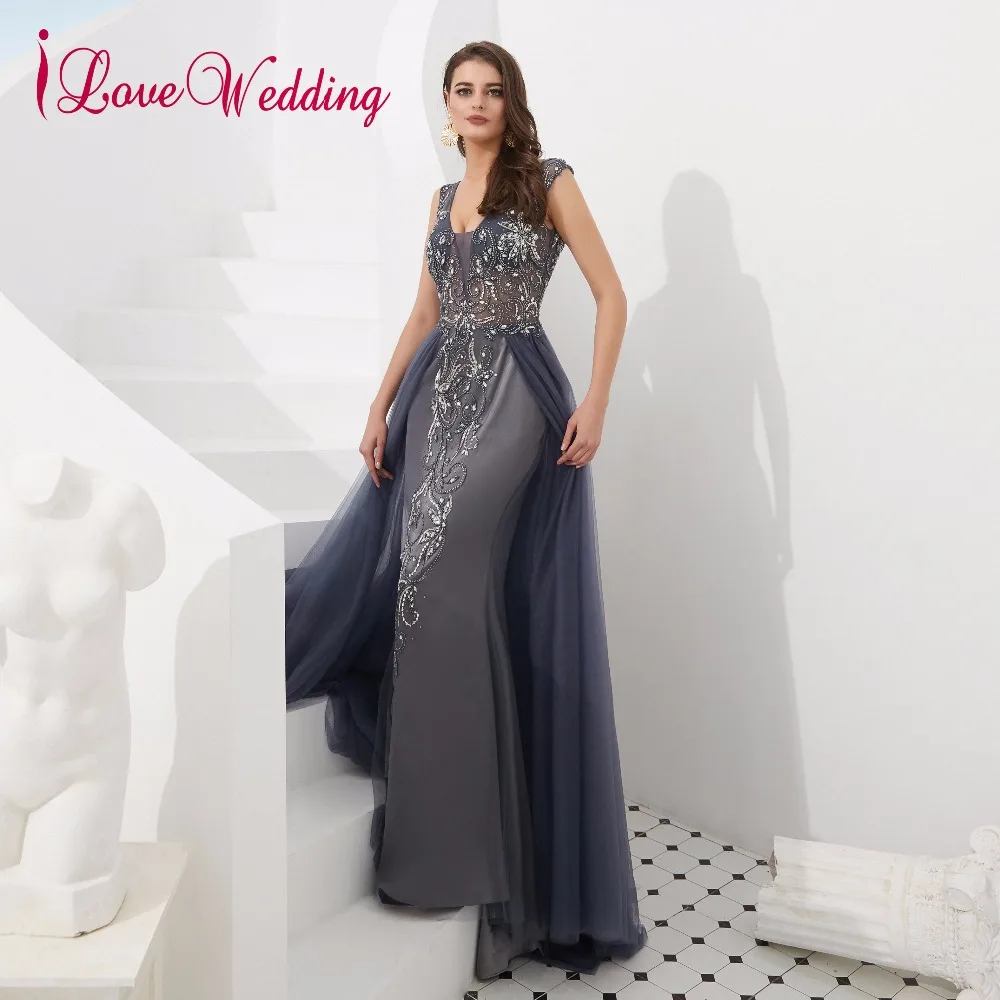 ILoveWedding Robe De Soiree Сексуальное Тонкое торжественное платье с v-образным вырезом и бисером роскошное серое вечернее платье с открытой спиной