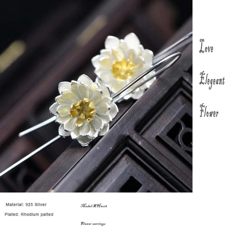 

Elegant floral 925 sterling silver earrings Retro flower handmade silver hook earrings for women girls