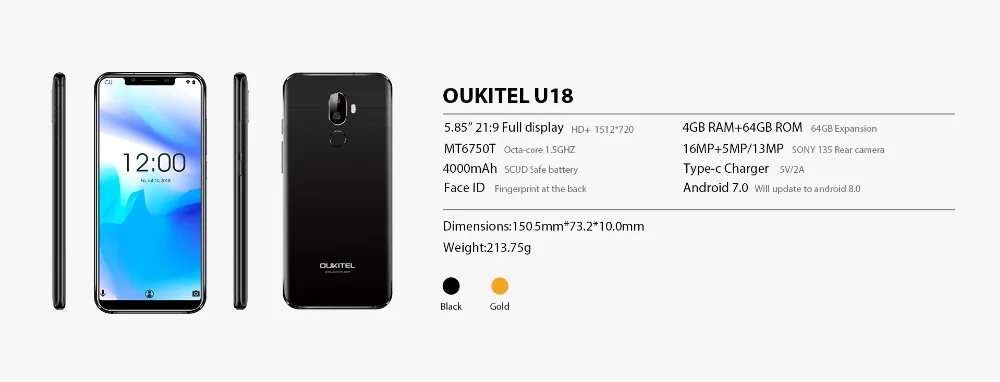 OUKITEL U18 5,8" полный дисплей Мобильный телефон MT6750T Восьмиядерный Android 7,0 4G ram 64G rom 4000mAh распознавание лица сканер отпечатков пальцев Смартфон