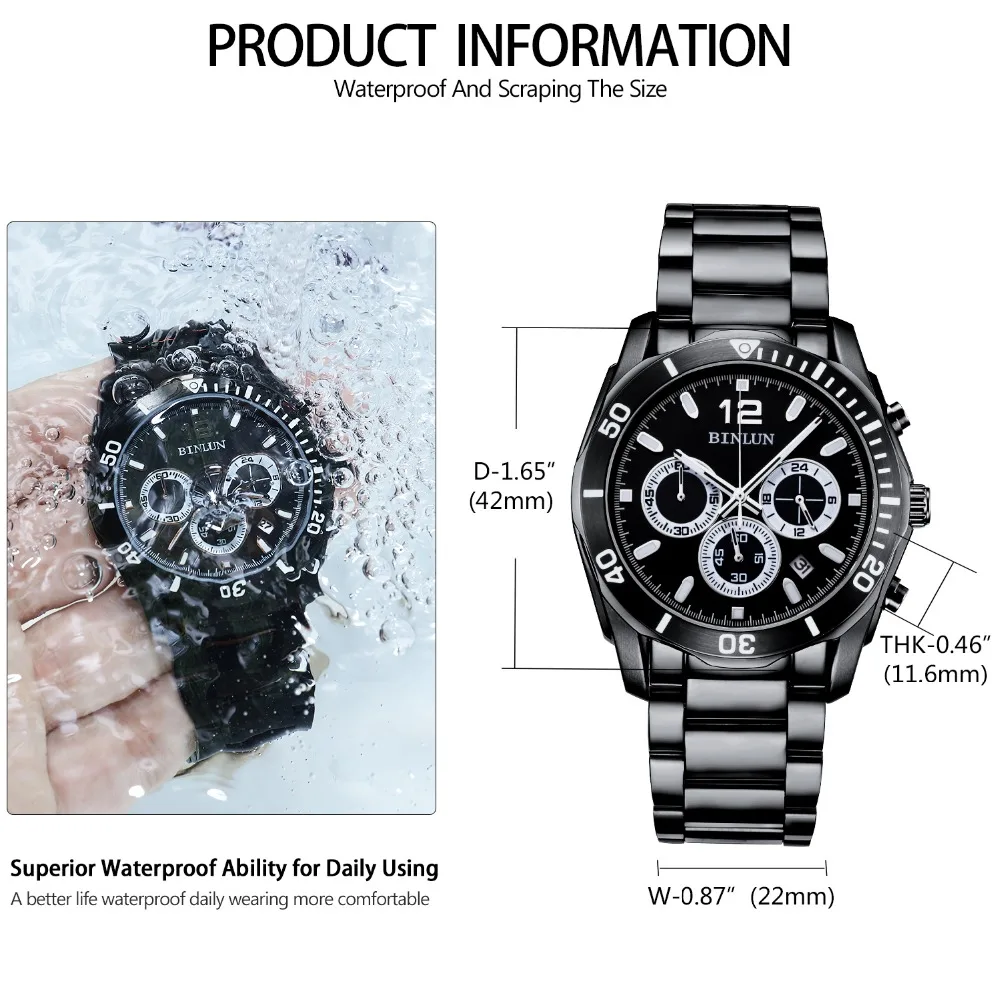 BINLUN Daytona часы мужские спортивные водонепроницаемые из нержавеющей стали