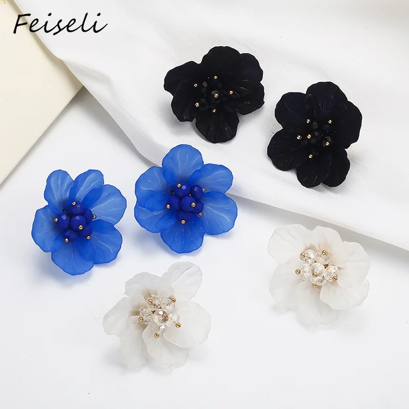 Женские серьги-пусеты Feiseli многоцветные из сплава с цветами и кристаллами для