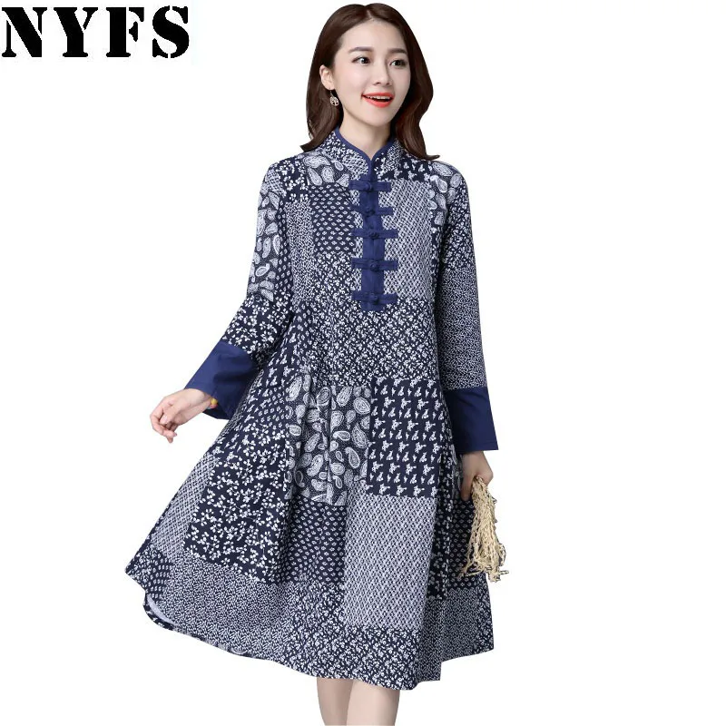 Женское платье из хлопка и льна NYFS длинное белое синее с фарфоровым узором осень