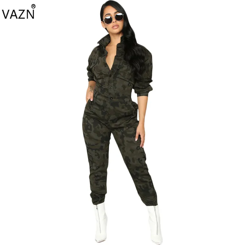 camouflage VAZN, новинка, модный Повседневный Женский камуфляжный комбинезон, сексуальный, v-образный вырез, полный рукав, Комбинезоны для девушек, открытые комбинезоны KM1028 - Цвет: camouflage