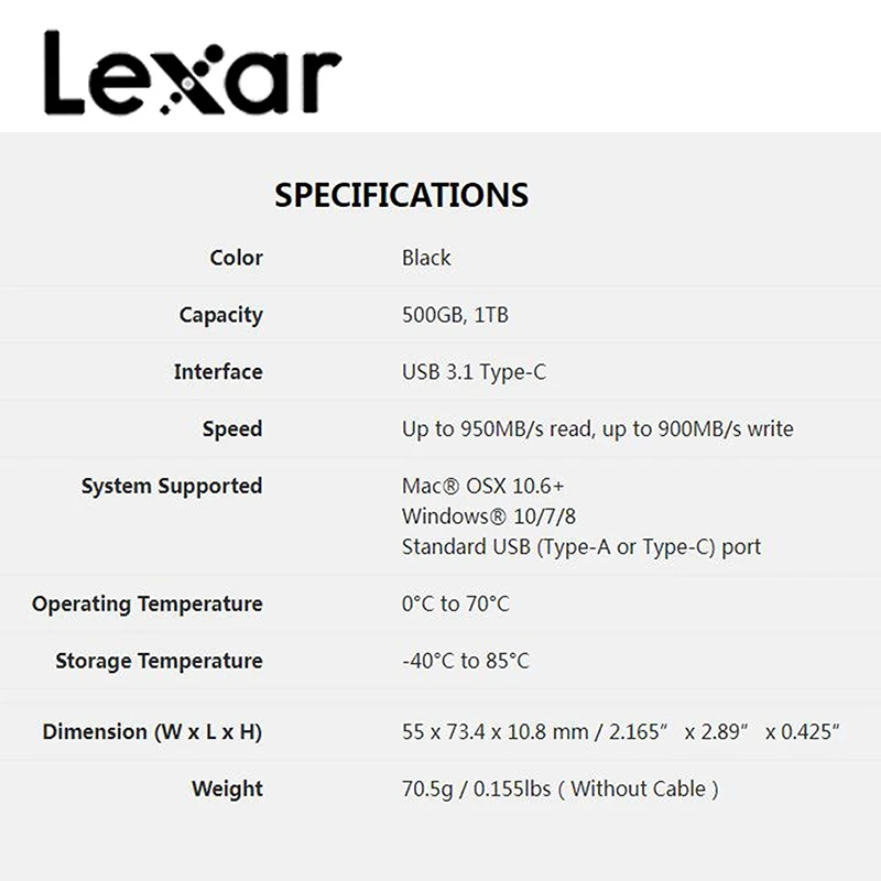Портативный SSD накопитель Lexar Professional SL100 Pro до 950 дюйма 900 USB 3 1 Type C 500 Гб ТБ|Внешние SSD|