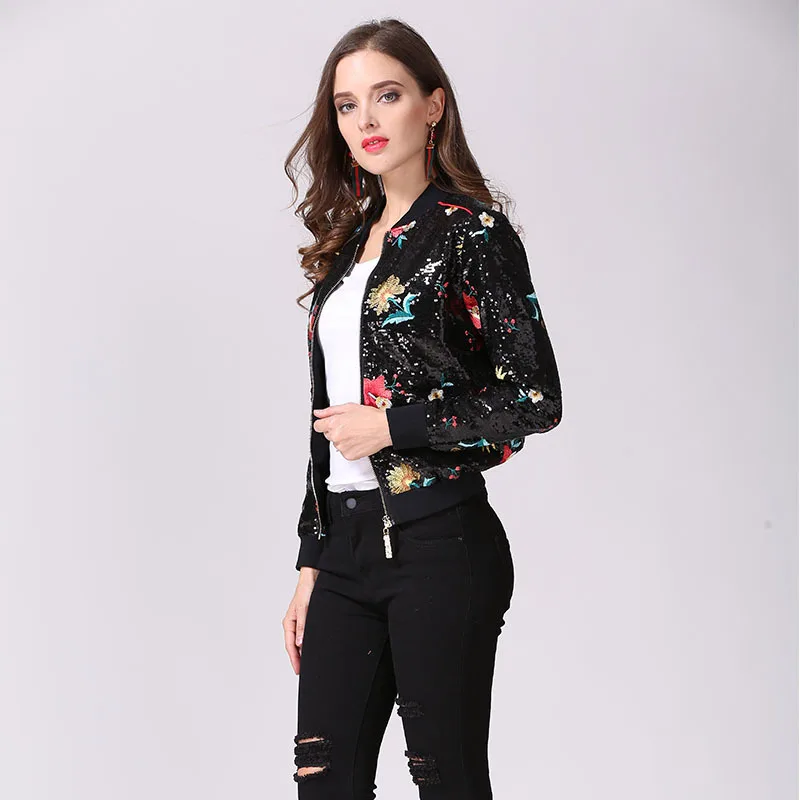 Повседневная куртка Новый осень 2017 г. стильная женщина блестками цветочный