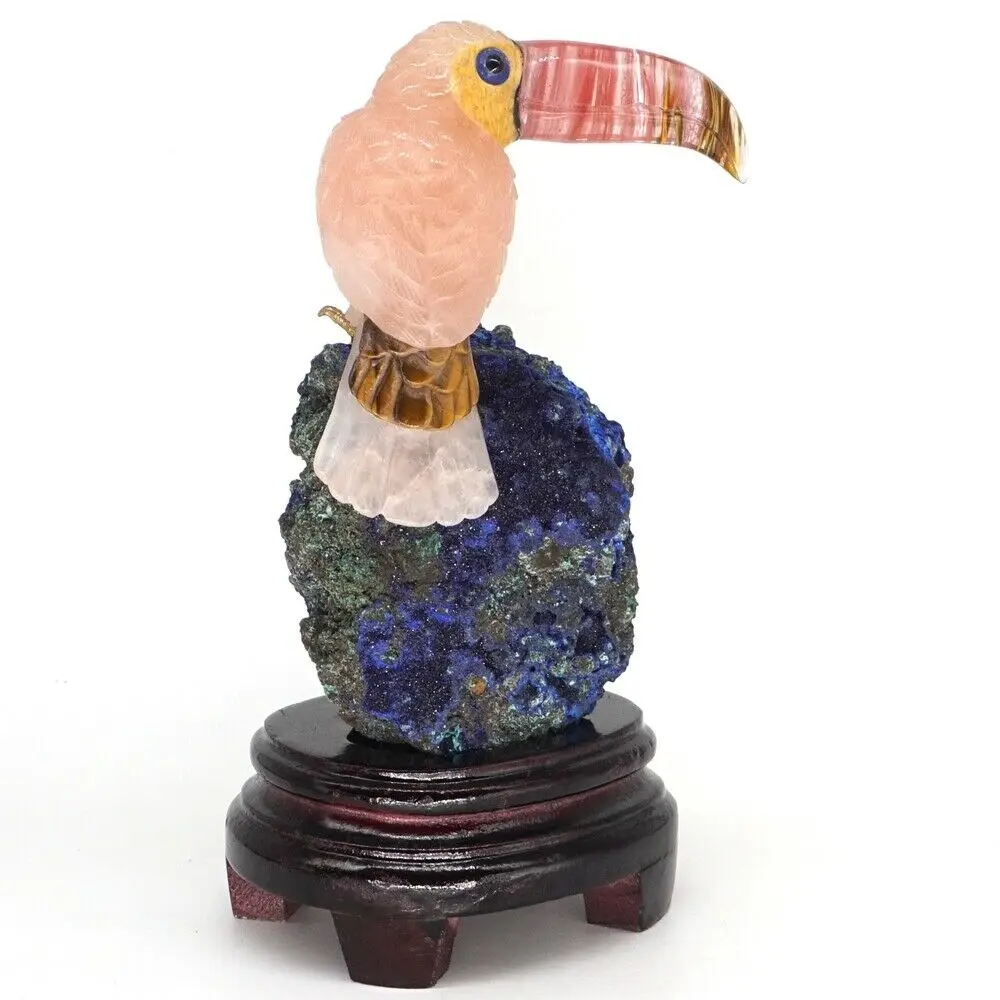 Фигурка Toucan натуральный драгоценный камень розовый кварц Азурит статуя
