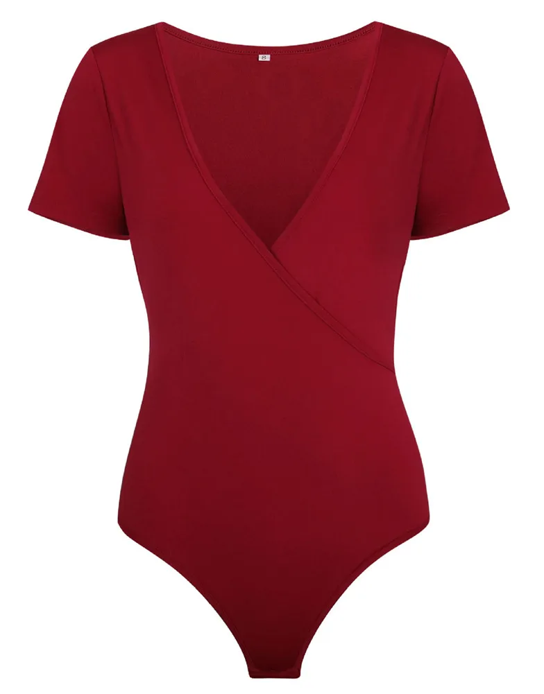 Wine Red Moxeay боди с глубоким крестом и v-образным вырезом, эластичный пояс, короткий рукав, эластичный обтягивающий комбинезон, Однотонный женский комбинезон для офиса, повседневный комбинезон - Цвет: Wine Red