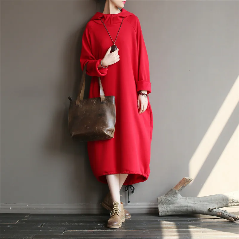 Red SCUWLINEN, Женское зимнее платье, одноцветное, с капюшоном, с длинным рукавом, толстое, теплое, свободное платье, повседневное, длинное, толстовка, Vestidos X08817 - Color: Red