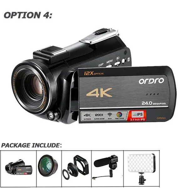 Ordro AC5 4K UHD цифровые видеокамеры FHD 24MP WiFi ips сенсорный экран 100X цифровой зум 12X оптический DV мини-видеокамеры - Color: Option4