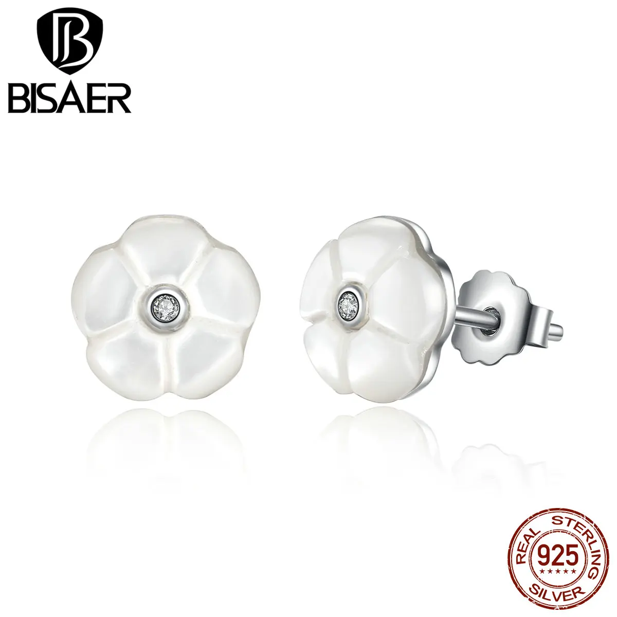 BISAER, популярные,, 925 пробы, серебряный, белый цветок, светящиеся, цветочные серьги-гвоздики, женские, модные ювелирные изделия, WEUS478