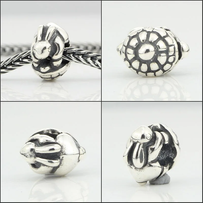 Genuine 925 Sterling Silver Animal The Hare and the Tortoise Charm Bead Fits European 3.0mm Bracelet Jewelry | Украшения и