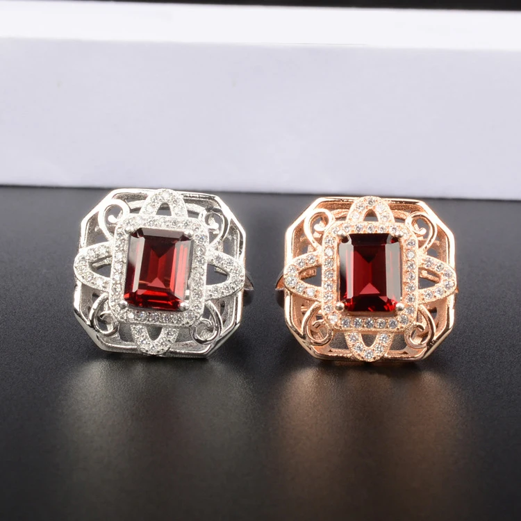 

[MeiBaPJ натуральный красный гранат, драгоценный камень, модное кольцо с цветком для женщин, реальное искусственное серебро, очаровательные юв...