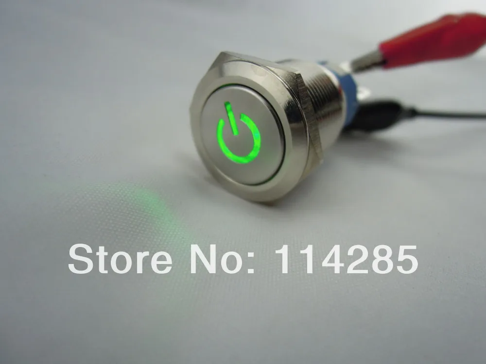 19 мм 12В 5А зеленый символ Led освещенная Металлическая Кнопка ВКЛ-ВЫКЛ