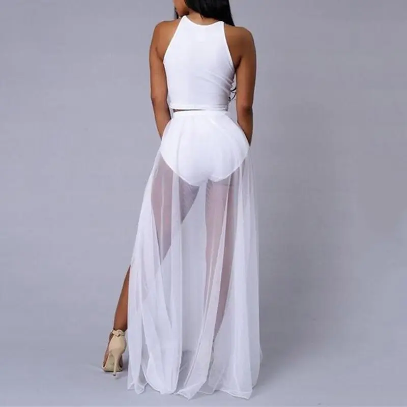 2019 вечерние сексуальные женские комплекты чёрные майки шифоновая длинная юбка