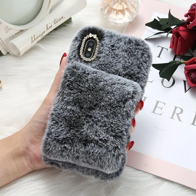 Мягкий меховой чехол FLOVEME для iPhone X, iPhone XS, MAX, XR, чехол для телефона, для iPhone 7, 8, 6, 6s plus, милый зимний теплый чехол с бриллиантами - Цвет: Black