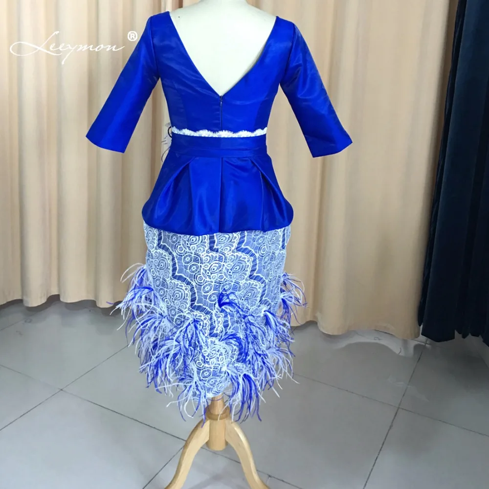 Leeymon Лимон королевский синий мать невесты Платья перья страуса платье длина до