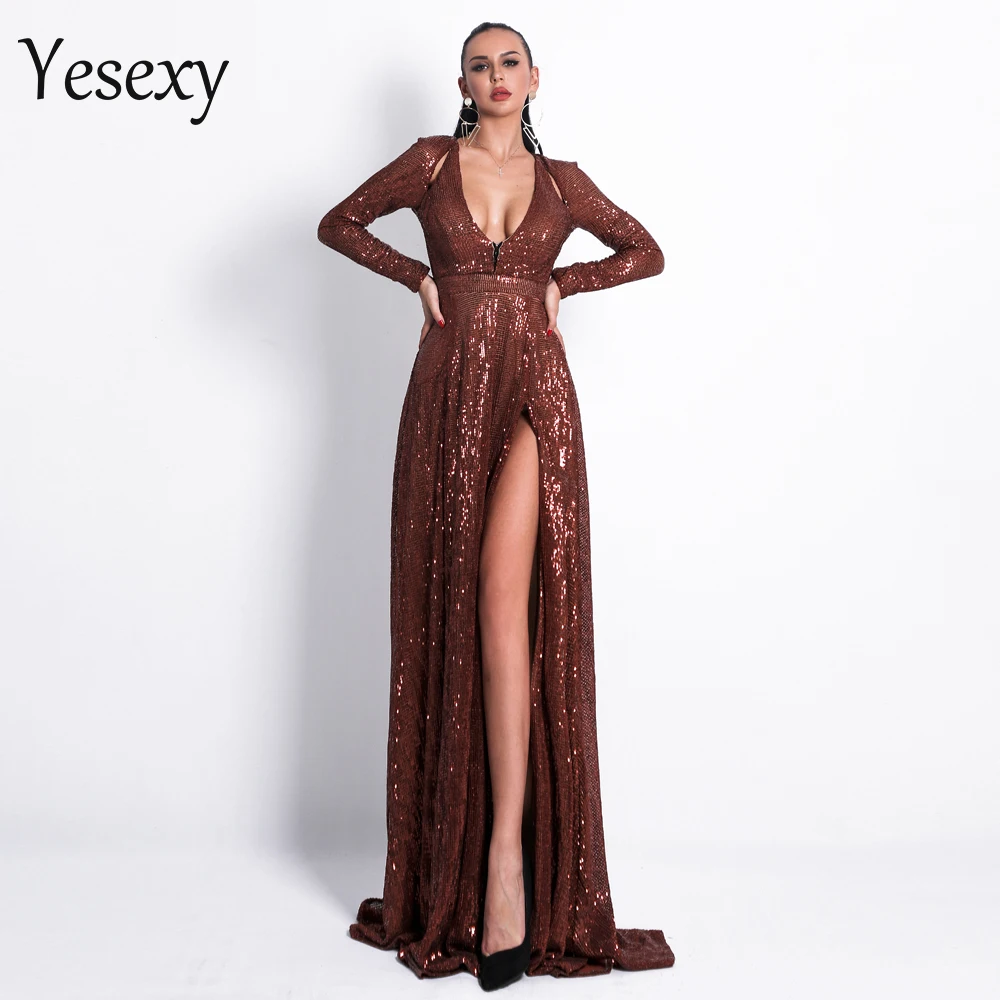 Yesexy 2020 женское сексуальное платье с глубоким v образным вырезом и длинным рукавом
