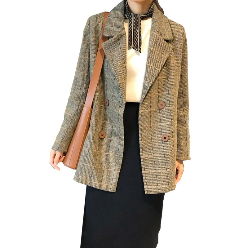 

Autumn Winter British style loose Plaid Suits Woolen casual plaid suit jacket female Vintage plaid Wool suit Coat Women Blazers