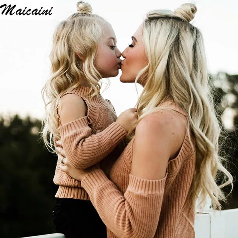 2020 платье для мамы и дочки свитер с открытыми плечами длинным рукавом трико