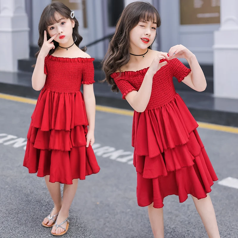 Girls Summer Dress Red Cake Tiered Chiffon Kids Party Dresses for Birthday Short Sleeve 4 6 8 10 12 Y Children Clothes | Детская одежда