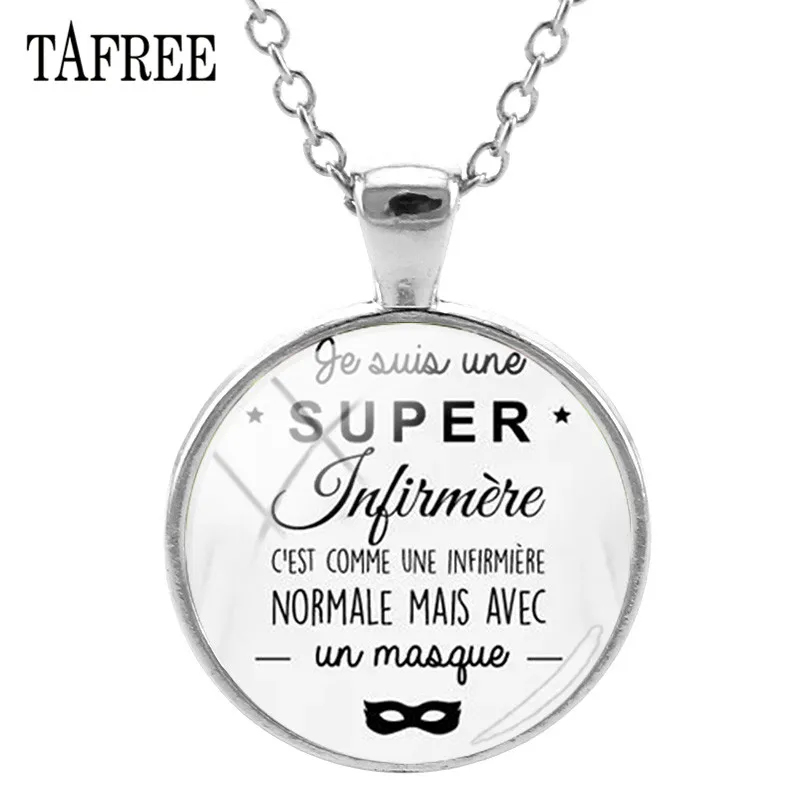 TAFREE New Super Infirmiere Nurse Pendants Necklaces Glass Cabochon Charm Chain Necklace Statement French Letter Jewelry SI16 | Украшения и