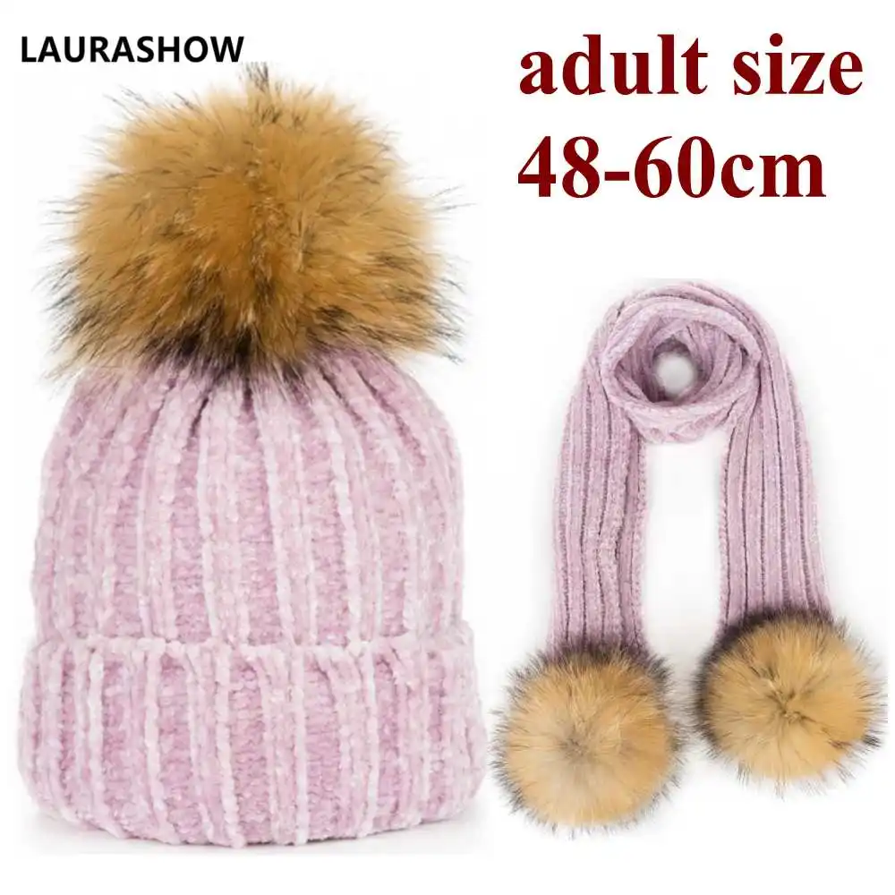 adult size Шапка-бини с помпонами для девочек, теплая вязаная шапка с помпоном и шарф, комплект детской зимней шапки Skullies из натурального меха енота - Цвет: adult size
