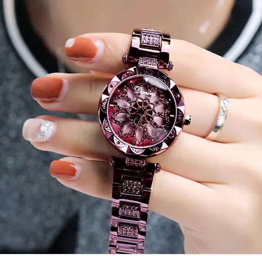 purple flower Новые модные мужские женские часы из нержавеющей стали наручные часы женские блестящие вращения платье часы большие алмазные Наручные часы с камнями - Цвет: purple flower
