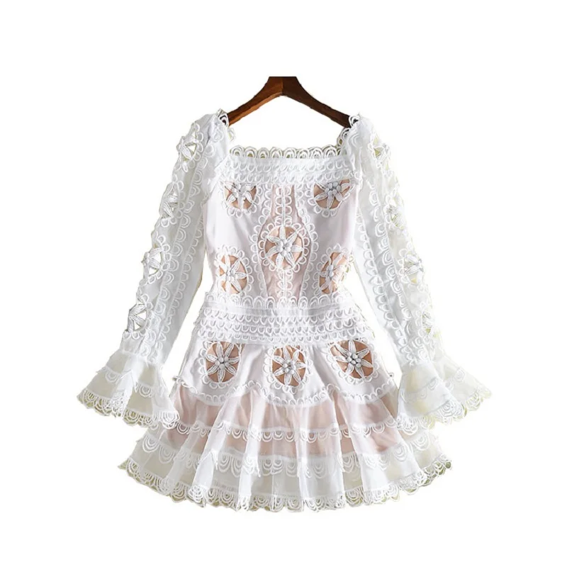 New Summer Designer White Dress Women's BOHO Hollow Out Flower Cute Princess Appliques Embroidery Cutout Party Beach | Женская