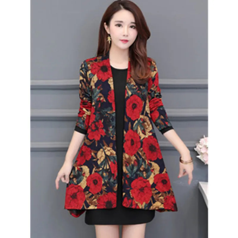 Red peony UHYTGF Autumn trench coat Womens fashion folk-custom printing Cardigan shawl thin outerwear Long sleeve loose plus size coats 83 - Цвет: Red peony
