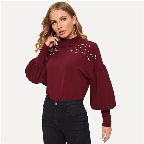 Бургундия COLROVIE Бургундия ложный воротник жемчужные бусины Украшенные спущенными плечами офисная зимняя Толстовка женская одежда толстовки - Цвет: Бургундия