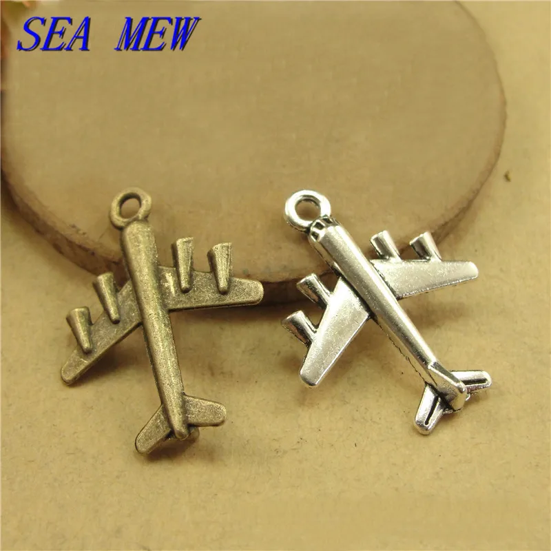

SEA MEW 100PCS 28*23MM Antique Bronze/Silver Color Plated Vintage Style Metal Zinc Alloy Plane Pendant Charm For Jewelry Making